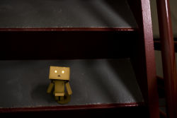 Rule 34 | absurdres, box, cardboard box, danboo, figure, full body, glowing, glowing eyes, highres, minimized, photo (medium), source request, stairs, standing, toy, triangle mouth, yotsubato!