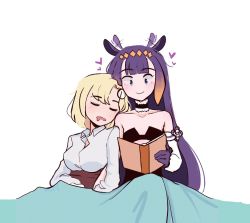 Rule 34 | 2girls, bed, bed sheet, black dress, blonde hair, book, breasts, center opening, collarbone, couple, detached sleeves, dress, dress shirt, female focus, flapping ears, flat chest, flower knot, fur collar, gloves, gradient hair, hair flaps, hairband, hand grab, happy, heart, hime cut, hololive, hololive english, jeiwalking, leaning on person, long hair, medium breasts, multicolored hair, multiple girls, ninomae ina&#039;nis, ninomae ina&#039;nis (1st costume), on bed, orange hair, parted bangs, purple hair, reading, shirt, short hair, simple background, sitting, sleeping, sleeping on person, smile, virtual youtuber, watson amelia, watson amelia (1st costume), white background, yuri