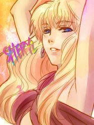 Rule 34 | 00s, 1girl, armpits, arms up, blonde hair, blue eyes, earrings, female focus, jewelry, long hair, macross, macross frontier, sheryl nome, sia, siratama anmitsu, solo