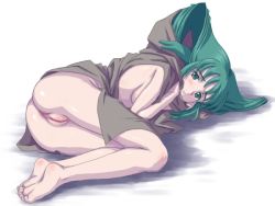 Rule 34 | 00s, 1girl, anus, ass, barefoot, blanket, bottomless, breasts, cleft of venus, feet, green hair, lying, on side, pussy, simple background, solo, solty rei, solty revant, tofu (tf07px), uncensored