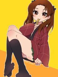 Rule 34 | 10s, 1girl, arm support, black bow, black socks, blush, bow, brown eyes, brown hair, chips (food), closed mouth, commentary request, dotera (clothes), dutch angle, food, food in mouth, full body, girls und panzer, green skirt, hair bow, jacket, kadotani anzu, kari okome, kneehighs, long hair, looking at viewer, miniskirt, mouth hold, no shirt, no shoes, ooarai school uniform, parted bangs, pleated skirt, potato chips, red jacket, school uniform, sitting, skindentation, skirt, smile, socks, solo, twintails, twitter username, wide sleeves, yellow background