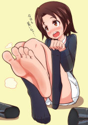 Rule 34 | 1girl, barefoot, blue socks, blush, boots, unworn boots, brown eyes, brown hair, feet, foot focus, looking away, open mouth, pov, shoes, unworn shoes, short hair, single sock, sitting, socks, unworn socks, soles, solo, steam, toes, translated