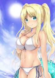 Rule 34 | 1girl, arm at side, bare arms, bare shoulders, bikini, blonde hair, blue eyes, blue ribbon, blue sky, breasts, cleavage, closed mouth, collarbone, day, front-tie bikini top, front-tie top, hand on own chest, heart, highres, holding, innertube, iyashite iris, kuromayu, large breasts, lens flare, long hair, looking at viewer, navel, ribbon, sennen sensou aigis, side-tie bikini bottom, sidelocks, sky, smile, solo, stomach, sun, sunlight, swim ring, swimsuit, tareme, twintails, water, white bikini
