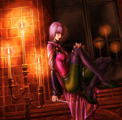 Rule 34 | 1girl, boots, breasts, candlestand, cape, capelet, commentary request, dark, from side, full body, hair between eyes, highres, indoors, katrina (romancing saga), kuroppu 66, large breasts, looking at viewer, pantyhose, pelvic curtain, purple eyes, purple hair, reflection, romancing saga 3, saga, short hair, sitting, solo, thigh boots, thighhighs