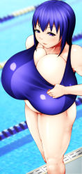 Rule 34 | 1girl, blue eyes, blue hair, breasts, character request, female focus, gigantic breasts, highres, image sample, long image, matching hair/eyes, muchigaku, original, pixiv sample, plump, pool, poolside, qlinicx, resized, short hair, solo, standing, swimsuit, tall image