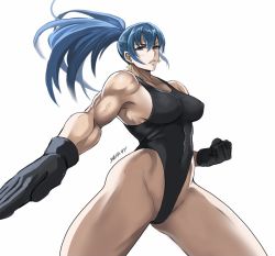 Rule 34 | 1girl, black gloves, black leotard, blue eyes, blue hair, breasts, covered erect nipples, earrings, gloves, high ponytail, jewelry, leona heidern, leotard, lips, muscular, muscular female, ponytail, ribbed leotard, shibusun, signature, snk, solo, sweatdrop, the king of fighters, thick thighs, thighs, toned, triangle earrings, white background