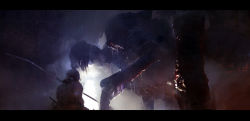 Rule 34 | 1boy, concept art, from behind, from below, giant, giant monster, letterboxed, levente peterffy, monster, original, weapon