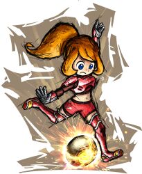 Rule 34 | 1girl, absurdres, armor, ball, blue eyes, breasts, highres, large breasts, leg up, legs, mario (series), mario strikers charged, mona (warioware), nintendo, official style, orange hair, ponytail, serious, shorts, soccer ball, soccer uniform, sportswear, thighs, warioware