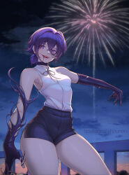 Rule 34 | 1girl, black choker, black gloves, black hair, black shorts, blood, blood on face, breasts, chainsaw man, choker, commentary, fireworks, gloves, hair between eyes, hair bun, high-waist shorts, highres, houkago shounen, looking at viewer, medium breasts, medium hair, night, night sky, open mouth, purple eyes, reze (chainsaw man), shirt, shirt tucked in, shorts, single hair bun, sky, sleeveless, sleeveless shirt, smile, solo, thick thighs, thighs, tongue, tongue out