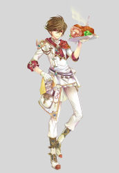 Rule 34 | 1boy, bad id, bad pixiv id, boots, brown hair, eyes visible through hair, food, fork, full body, gloves, ham, highres, male focus, napkin, original, outline, red eyes, simple background, solo, steam, tray, tsuki usagi, vegetable, white gloves