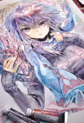 1girl blue_scarf creature dragon headpat highres orange_eyes original painting_(medium) petting photo_(medium) purple_hair purple_sweater scarf solo sweater traditional_media yasou1010