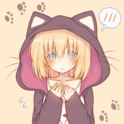 Rule 34 | 1girl, animal ears, animal hood, azur lane, bataan (azur lane), bataan (comfy cotton jammies) (azur lane), black jacket, blonde hair, blue eyes, blush, brown background, cat ears, cat hood, collarbone, commentary request, fake animal ears, flying sweatdrops, hair between eyes, hands up, hood, hood up, hooded jacket, jacket, long sleeves, open clothes, open jacket, parted lips, paw print, paw print background, sakurato ototo shizuku, simple background, sleeves past wrists, solo, spoken blush, tank top, upper body, white tank top