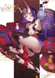 Rule 34 | 1girl, absurdres, alcohol, ankle ribbon, apple, ass, bare shoulders, blush, bob cut, bottle, breasts, bridal gauntlets, brown background, collarbone, cup, eyeliner, fate/grand order, fate (series), food, fruit, fruit bowl, grapes, headpiece, highres, horns, ihavetwoooo, japanese clothes, kimono, leg ribbon, legs, long sleeves, looking at viewer, makeup, off shoulder, oni, open clothes, open kimono, open mouth, peach, pear, purple eyes, purple hair, purple kimono, red ribbon, revealing clothes, ribbon, sakazuki, sake, sake bottle, sash, short eyebrows, short hair, shuten douji (fate), skin-covered horns, small breasts, smile, solo, toeless legwear, two-tone background, white background, wide sleeves
