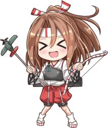 Rule 34 | &gt; &lt;, 10s, 1girl, :d, > <, arrow (projectile), bow (weapon), brown hair, chibi, commentary request, hachimaki, headband, holding, kantai collection, long hair, looking at viewer, machinery, muneate, nichika (nitikapo), open mouth, ponytail, simple background, smile, solo, weapon, white background, xd, zuihou (kancolle)