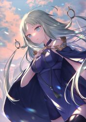 Rule 34 | 1girl, black thighhighs, blue cloak, blue dress, blue eyes, blue protocol, cloak, cloud, cloudy sky, dress, einrain (blue protocol), floating, floating hair, floating object, green hair, halterneck, hand on own chest, haruhitooo, highres, long hair, open cloak, open clothes, parted bangs, sidelocks, sky, solo, tassel, thighhighs