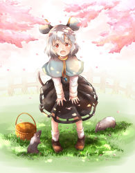 Rule 34 | 1girl, animal ears, basket, black dress, branch, brown footwear, capelet, cherry blossoms, dappled sunlight, day, dress, fang, fence, full body, grass, grey capelet, grey hair, hair between eyes, hands on own knees, jewelry, leaning forward, looking at viewer, mouse (animal), mouse ears, mouse tail, nazrin, open mouth, outdoors, pendant, pendulum, petals, red eyes, saya (yura0214), shadow, short hair, solo, standing, sunlight, tail, touhou, white legwear, wooden fence