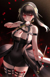 Rule 34 | 1girl, black dress, black gloves, black thighhighs, blood, blood on arm, blood on breasts, blood on face, blood on hands, blood splatter, bloody weapon, breasts, cleavage, closed mouth, cowboy shot, dagger, dark background, dress, dual wielding, duplicate, earrings, eternity (shadeh), expressionless, falling petals, fingerless gloves, flower, gloves, gold earrings, gold hairband, hair flower, hair ornament, hairband, hand up, highres, holding, holding dagger, holding knife, holding weapon, jewelry, knife, large breasts, light particles, looking at viewer, petals, pixel-perfect duplicate, red eyes, reverse grip, rose, rose petals, solo, spikes, splatter background, spy x family, thighhighs, weapon, yor briar, zettai ryouiki
