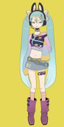 1girl akai_kuro animal_ear_headphones animal_hair_ornament badge belt black_shirt blue_hair blue_shirt blue_skirt bone boots bow breasts broken_heart button_badge choker clothes_writing collarbone crescent cross cross_necklace cuffs fake_animal_ears grey_bow hair_bow hair_ornament hairclip handcuffs hatsune_miku headphones headset heart jewelry kneehighs long_hair long_sleeves looking_at_viewer midriff navel necklace pink_shirt plaid_bow punk purple_boots purple_socks rabbit_ear_headphones rabbit_hair_ornament red_eyes shirt skirt skull sleeveless sleeveless_shirt sleeves_past_wrists small_breasts socks standing star_(symbol) striped_clothes striped_socks thigh_strap tongue tongue_out twintails two-tone_shirt vocaloid yellow_background yellow_belt