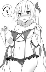 Rule 34 | 1girl, ?, @ @, bikini, bikini top only, blush, bow, breasts, cameltoe, collarbone, cowboy shot, d:, embarrassed, eyes visible through hair, flandre scarlet, frilled bikini, frills, greyscale, hair between eyes, hair bow, hands up, highres, holding, holding bikini, holding bikini top, holding clothes, holding swimsuit, kamukamu (ars), legs together, looking to the side, medium breasts, medium hair, monochrome, navel, nipples, one side up, open mouth, partially visible vulva, simple background, solo, speech bubble, split mouth, spoken question mark, standing, sweatdrop, swimsuit, topless, touhou, unworn bikini, white background