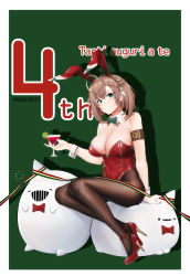 Rule 34 | 1girl, absurdres, animal ears, armband, black leotard, bow, bowtie, breasts, brown hair, cup, detached collar, drinking glass, fake animal ears, full body, green bow, green bowtie, green eyes, high heels, highleg, highleg leotard, highres, holding, holding cup, leotard, medium breasts, nail polish, pantyhose, playboy bunny, rabbit ears, red footwear, red leotard, red nails, shoes, short hair, sitting, smile, solo, strapless, strapless leotard, uybh, warship girls r, wrist cuffs