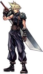 Rule 34 | 1990s (style), 1boy, blonde hair, cloud strife, dissidia final fantasy, final fantasy, final fantasy vii, full body, male focus, nomura tetsuya, official art, solo, spiked hair, standing, transparent background
