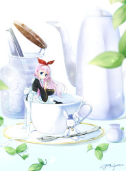 Rule 34 | blue eyes, bow, cup, dated, hair bow, highres, long hair, looking at viewer, mini person, minigirl, original, pink hair, red bow, saucer, signature, spoon, stuffed animal, stuffed rabbit, stuffed toy, sugar cube, tea kettle, teacup, watch, yuitsuki1206