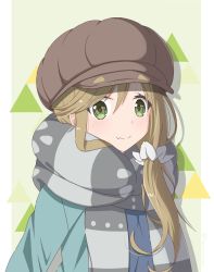 Rule 34 | 1girl, blue jacket, brown hair, brown hat, cabbie hat, fang, green background, green eyes, grey scarf, hair between eyes, hair ornament, hair over shoulder, hair scrunchie, hat, highres, inuyama aoi, jacket, long sleeves, looking at viewer, nekosination, ponytail, scarf, scrunchie, skin fang, solo, striped clothes, striped scarf, twitter username, upper body, white scrunchie, yurucamp