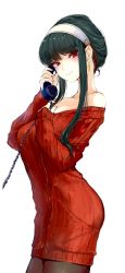 Rule 34 | 1girl, akasaai, black hair, blush, breasts, brown legwear, closed mouth, corded phone, cowboy shot, from side, hairband, hand on own chest, highres, holding, holding phone, long hair, looking at viewer, looking to the side, off-shoulder sweater, off shoulder, phone, red eyes, red sweater, sidelocks, simple background, smile, solo, spy x family, sweater, white background, white hairband, yor briar