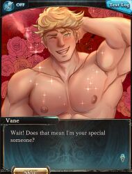 Rule 34 | 1boy, bara, bara emperor, blonde hair, blush, character name, english text, floral background, flower, granblue fantasy, green eyes, hand on own head, highres, large pectorals, looking at viewer, male focus, muscular, muscular male, nipples, open mouth, pectorals, rose, rose background, short hair, smile, solo, sparkling aura, vane (granblue fantasy)