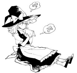 Rule 34 | 1girl, apron, book, bow, frills, greyscale, hat, hat bow, kirisame marisa, monochrome, mushroom, natsume (menthol), puffy sleeves, simple background, sitting, solo, star (symbol), thinking, thought bubble, touhou, vest, waist apron, wavy hair, witch hat