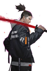 Rule 34 | 1boy, amo (amo9612), black hair, black jacket, black pants, casual, chinese commentary, closed mouth, contemporary, from side, glowing, glowing sword, glowing weapon, grey hair, highres, holding, holding sword, holding weapon, hood, hood down, hooded jacket, jacket, katana, long sleeves, looking away, male focus, multicolored hair, orange eyes, over shoulder, pants, profile, sekiro, sekiro: shadows die twice, short hair, short ponytail, simple background, sleeves past wrists, solo, streaked hair, sword, upper body, weapon, white background
