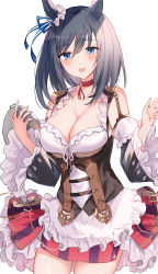 Rule 34 | 1girl, :d, animal ears, apron, bare shoulders, black hair, black sleeves, blue eyes, blush, breasts, cleavage, commentary request, detached sleeves, eishin flash (umamusume), frilled apron, frilled sleeves, frills, hair between eyes, highres, holding, holding tray, horse ears, kinona, layered sleeves, long hair, long sleeves, looking at viewer, medium breasts, open mouth, pleated skirt, puffy short sleeves, puffy sleeves, red skirt, short over long sleeves, short sleeves, simple background, skirt, smile, solo, tray, umamusume, white apron, white background, wide sleeves