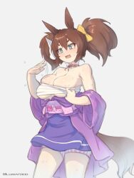 Rule 34 | 1girl, animal ears, bare shoulders, blue eyes, bow, breasts, brown hair, cleavage, clothes down, cowboy shot, fang, fanning self, flat chest, hair bow, highres, horse ears, horse girl, horse tail, inari one (umamusume), japanese clothes, kimono, large breasts, looking down, lumian300, mask, mask on head, medium hair, motion lines, obi, open mouth, purple kimono, sash, shorts, simple background, skin fang, skirt, solo, sweat, tail, twintails, twitter username, umamusume, v-shaped eyebrows, white background