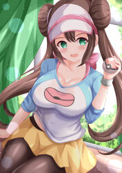 Rule 34 | 1girl, :d, blush, breasts, brown hair, brown pantyhose, cleavage, collarbone, commentary request, creatures (company), curtains, double bun, game freak, green eyes, hair between eyes, hair bun, hand up, highres, holding, holding poke ball, indoors, large breasts, long sleeves, looking at viewer, nintendo, open mouth, pantyhose, poke ball, poke ball (basic), pokemon, pokemon bw2, rosa (pokemon), shirt, sitting, skirt, smile, solo, twintails, white shirt, window, xenon (for achieve), yellow skirt