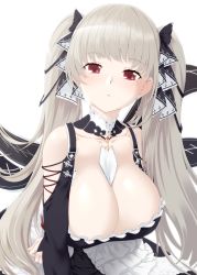 Rule 34 | 1girl, absurdres, azur lane, bare shoulders, between breasts, black dress, blush, breasts, cleavage, dress, earrings, formidable (azur lane), frilled dress, frills, grey hair, highres, jewelry, large breasts, long hair, looking at viewer, red eyes, ribbon, simple background, solo, tro, twintails, two-tone dress, two-tone ribbon, very long hair, white background