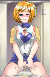 Rule 34 | 1girl, bathroom, blue dress, blue eyes, blush, breasts, brown hair, censored, character request, cleavage, door, dress, hair ornament, large breasts, one eye closed, panties, panty pull, parted lips, peeing, pussy, shinyanchi, short hair, short sleeves, standing, teeth, underwear, vest, wet, wet clothes, wet panties, white panties, white vest