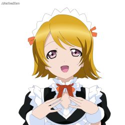 Rule 34 | 1girl, absurdres, alter real zero, apron, arm scrunchie, artist name, artist request, blush, bow, bowtie, brown hair, female focus, hair between eyes, highres, koizumi hanayo, love live!, love live! school idol festival, love live! school idol project, maid, maid apron, maid headdress, mogyutto &quot;love&quot; de sekkin chuu!, orange bow, parted lips, puffy short sleeves, puffy sleeves, purple eyes, scrunchie, short hair, short sleeves, smile, solo, upper body, white detached collar, white scrunchie