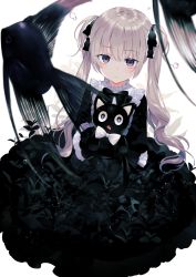 Rule 34 | 1girl, achiki, angelfish, animal, black dress, black eyes, blurry, closed mouth, depth of field, dress, expressionless, fish, frilled dress, frills, gothic lolita, hair ribbon, hugging doll, hugging object, leaf print, lolita fashion, long hair, long sleeves, looking at viewer, original, plant, ribbon, sidelocks, silver hair, sitting, solo, stuffed animal, stuffed cat, stuffed toy, tropical fish, twintails, water, wavy hair, white background