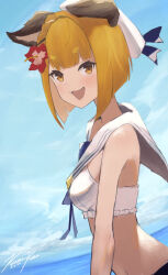 Rule 34 | 1girl, :3, animal ears, beret, bikini, blonde hair, blush, breasts, cloud, dated, day, dog ears, flower, granblue fantasy, hair flower, hair ornament, hat, hibiscus, highres, horizon, open mouth, outdoors, punished pigeon, sailor collar, short hair, signature, small breasts, smile, solo, swimsuit, thick eyebrows, upper body, vajra (granblue fantasy), vajra (summer) (granblue fantasy), white background, white bikini, yellow eyes