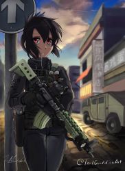 Rule 34 | 1girl, ar-15, black hair, borrowed character, flare, folded ponytail, gloves, gun, highres, holding, holding gun, holding weapon, holster, holstered, hood, hoodie, load bearing vest, original, outdoors, red eyes, rifle, signature, solo, tealguardianart, trigger discipline, twitter username, weapon