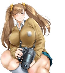 Rule 34 | 1girl, between breasts, breasts, brown eyes, brown hair, camera, highres, large breasts, long hair, looking at viewer, okumori boy, one eye closed, plump, school uniform, sitting, skirt, smile, solo, thick thighs, thighs, twintails