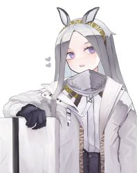 Rule 34 | 1girl, :o, animal ears, arknights, belt, black gloves, blush, chiake draw, coat, commentary, forehead, gloves, grey hair, hairband, hand on shield, heavyrain (arknights), horse ears, looking at viewer, open mouth, purple eyes, shield, shirt, simple background, solo, teeth, upper body, upper teeth only, utility belt, white background, white coat, white shirt, yellow hairband