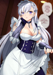 Rule 34 | 1girl, apron, apron lift, azur lane, belfast (azur lane), blue dress, blush, braid, breasts, chain, cleavage, clothes lift, collar, collarbone, commentary, dress, english commentary, english text, french braid, frilled gauntlets, gauntlets, hair between eyes, hand on own cheek, hand on own face, indoors, looking at viewer, maid headdress, medium breasts, open mouth, purple eyes, sheita, silver hair, solo, swept bangs, waist apron