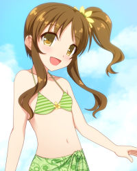 Rule 34 | 10s, 1girl, :d, bikini, blush, brown eyes, brown hair, cloud, day, flat chest, floral print, flower, hair flower, hair ornament, head tilt, high ponytail, idolmaster, idolmaster cinderella girls, long hair, looking at viewer, navel, open mouth, outdoors, parted bangs, sarong, side ponytail, sidelocks, sky, smile, solo, striped bikini, striped clothes, sunflower, swimsuit, takamori aiko, totokichi, upper body, wavy hair, yellow eyes