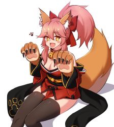 Rule 34 | 1girl, @ @, animal ears, animal hands, bad id, bad pixiv id, bare shoulders, bell, black thighhighs, blush stickers, bow, breasts, cat paws, collar, detached sleeves, fangs, fate/grand order, fate (series), fox ears, fox tail, gloves, hair bow, hair ribbon, highres, japanese clothes, jingle bell, large breasts, long hair, narynn, neck bell, open mouth, paw gloves, pink hair, ponytail, ribbon, simple background, sitting, solo, tail, tamamo (fate), tamamo cat (fate), tamamo cat (first ascension) (fate), thighhighs, white background, yellow eyes