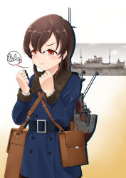 Rule 34 | 1girl, bag, blue coat, braid, brown hair, clenched hands, coat, commentary request, cowboy shot, furatto, gradient background, highres, kantai collection, long hair, machinery, messenger bag, orange eyes, photo (object), shoulder bag, single braid, solo, souya (icebreaker), souya (kancolle)