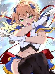 Rule 34 | 1girl, black thighhighs, blazblue, blonde hair, blue skirt, commentary request, dual wielding, gloves, green eyes, gun, hair between eyes, hair ornament, highres, holding, holding gun, holding weapon, kyuu (plastic night q), long hair, looking at viewer, navel, necktie, noel vermillion, open mouth, pleated skirt, red necktie, shirt, short sleeves, skirt, solo, thighhighs, v-shaped eyebrows, weapon, white gloves, white shirt, wide sleeves