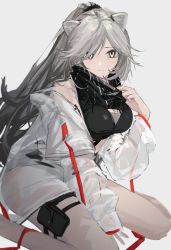 Rule 34 | 1girl, animal ears, arknights, black bag, black scarf, black shirt, cat ears, cat girl, grey hair, hand up, highres, hjm matsukasa, jacket, long hair, looking at viewer, ponytail, pouch, scarf, scarf pull, schwarz (arknights), see-through, see-through jacket, shirt, simple background, sitting, solo, thigh pouch, wariza, white background, white jacket, yellow eyes