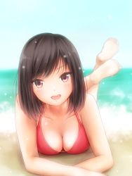 Rule 34 | 1girl, :d, barefoot, beach, bikini, black hair, blue sky, blurry, blurry background, blush, breasts, brown eyes, day, depth of field, female focus, hands out of frame, looking at viewer, lying, medium breasts, ocean, on stomach, open mouth, original, outdoors, sky, smile, solo, swimsuit, water, yuluvine