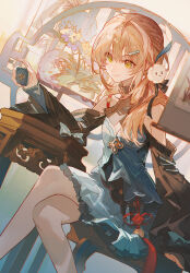 Rule 34 | 1girl, black shirt, blonde hair, braid, closed mouth, commentary request, feet out of frame, flower, green eyes, hair between eyes, hair ornament, hair over shoulder, hairclip, highres, holding, honkai: star rail, honkai (series), layered clothes, long hair, long sleeves, looking at object, off-shoulder shirt, off shoulder, on chair, qingque (honkai: star rail), satsuya, shirt, sitting, skirt, smile, solo, table, tassel, vest, white skirt, white vest, wide sleeves